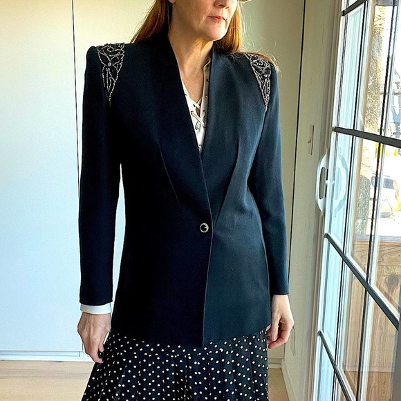 Vintage 80s Nolan Miller Designer Wool Jacket, Long Blazer, Beaded Shoulder, - Picture 3 of 8